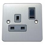 13A Socket - 1 Gang - Brushed Chrome (Black) - Flat Plate - 3888411