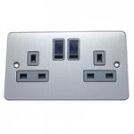 13A Socket - 2 Gang - Brushed Chrome (Black) - Flat Plate - 3888413