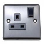 13A Socket - 1 Gang - Brushed Chrome (Black) - Round Angled Plate - 3888421